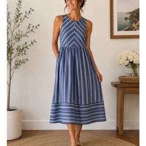 entro Striped Midi Sleeveless Dress Medium Blue